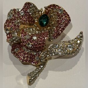 Elegant Crystal Flower Brooch Gold Tone Setting Pink, White & Green Crystals NEW